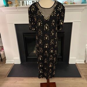 🖤 Stenay Hand-Beaded Black Silk Evening Dress with Gold Sequins – Size 16